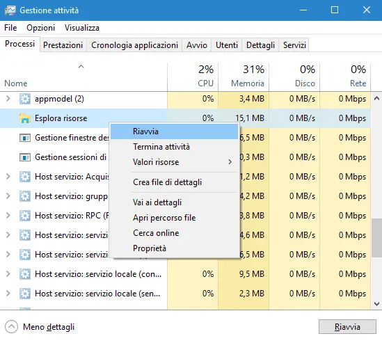 Task Manager Windows 10 riavviare Esplora risorse