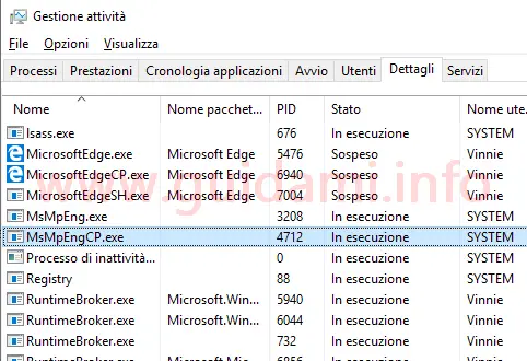 Task Manager Windows 10 scheda Dettagli con processo modalità sandbox di Windows Defender