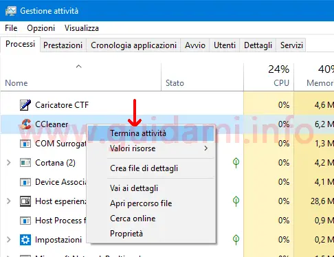 Task Manager di Windows termina attivita CCleaner