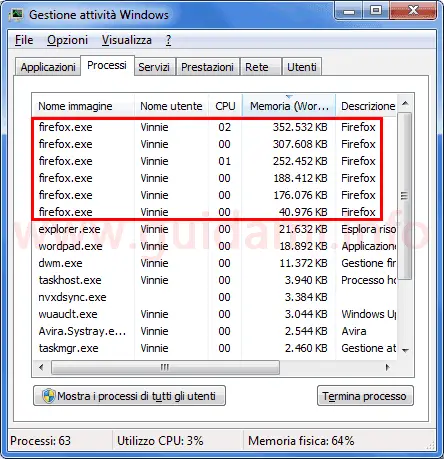 Task manager di Windows con in esecuzione multi processi di Firefox