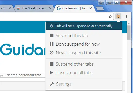 The Great Suspender estensione Chrome menu opzioni