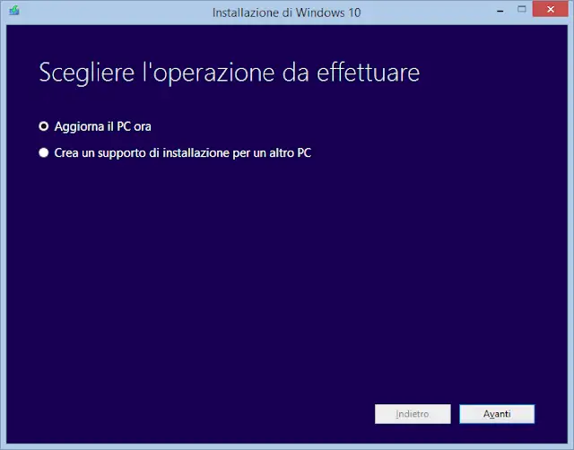 Tool installazione Windows 10 Aggiorna o crea supporto