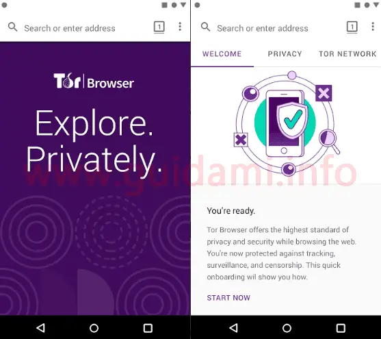 Tor Browser per Android interfaccia