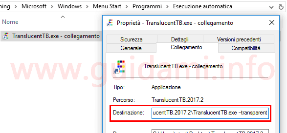 TranslucentTB finestra proprietà collegamento per applicare effetto