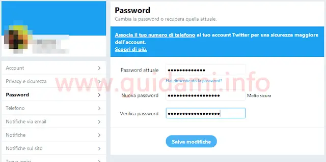 Twitter impostazioni cambia password
