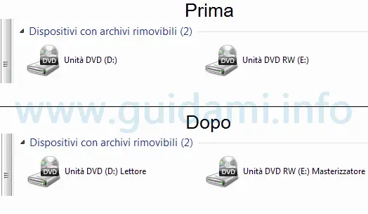 Unità DVD rinominate con Drive Namer prima e dopo