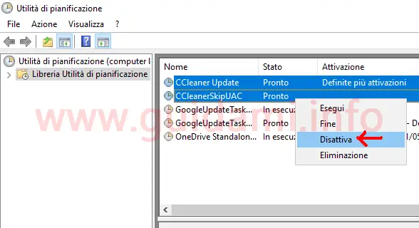 Utilità di pianificazione Windows disattivare attività CCleaner