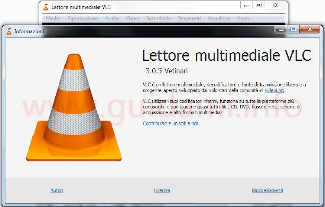 VLC 3.0.5 logo finestra informazioni su VLC