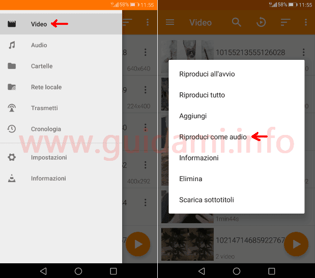 VLC app Android menu video opzione Riproduci come audio