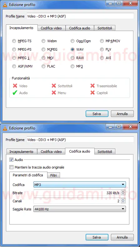 VLC finestra Edizione profilo