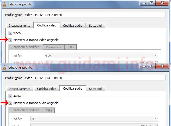 VLC finestra Edizione profilo schede Codifica video e audio