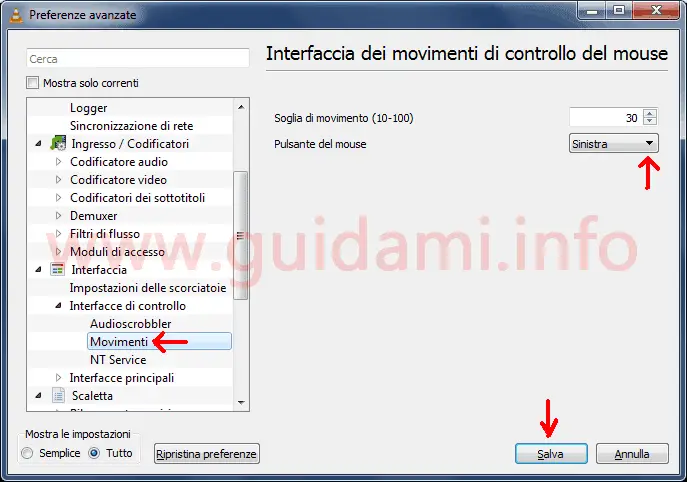 VLC finestra Preferenze avanzate Interfaccia dei movimenti di controllo del mouse