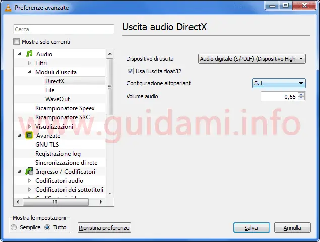 VLC impostare audio 5.1 canali
