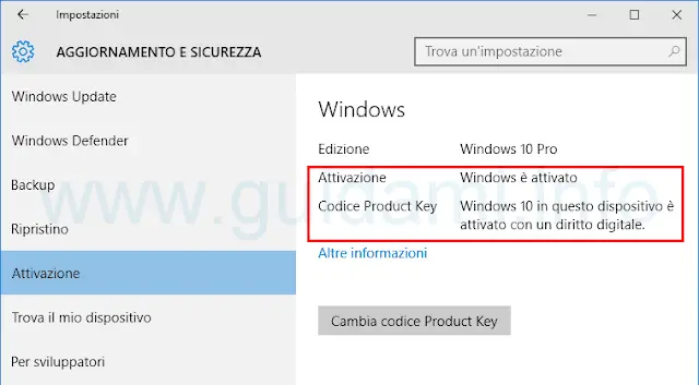 Vedere attivazione di Windows 10