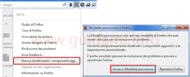 Voci menu per avviare Firefox in Modalità provvisoria