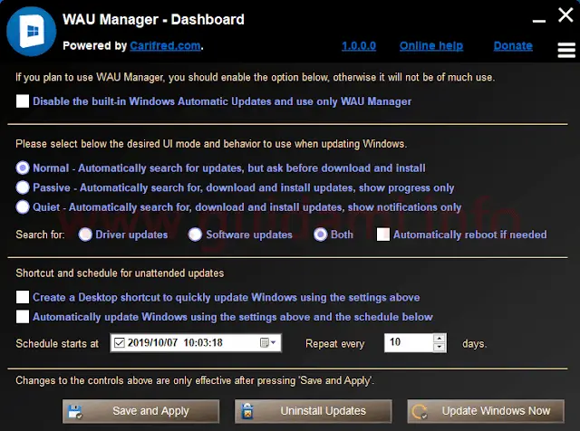 WAU Manager schermata iniziale delle opzioni di configurazione