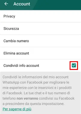 WhatsApp disattivare Condividi info account