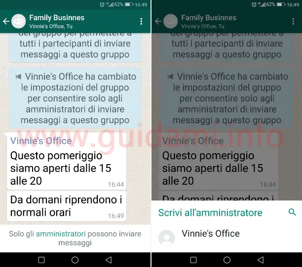 WhatsApp gruppo notifica Solo gli amministratori possono inviare messaggi