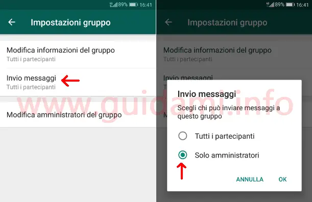 WhatsApp impostazioni gruppo opzione solo gli amministratori possono inviare messaggi