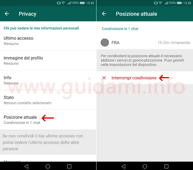 WhatsApp impostazioni per interrompere condivisione posizione in tempo reale