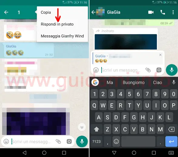 WhatsApp opzione Rispondi in privato a utente gruppo