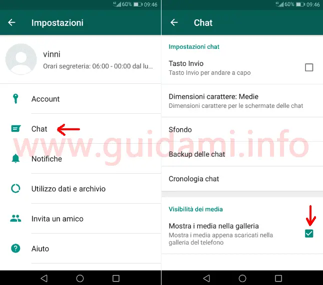 WhatsApp schermata Impostazioni Chat opzione Visibilità dei media