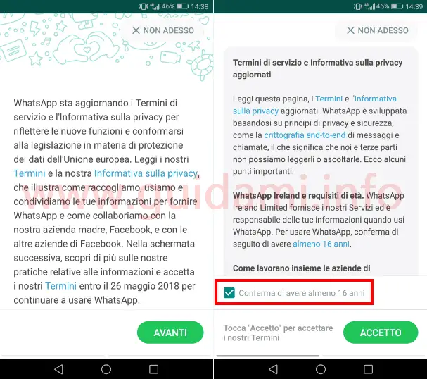 WhatsApp schermata Termini del servizio e Informativa sulla privacy