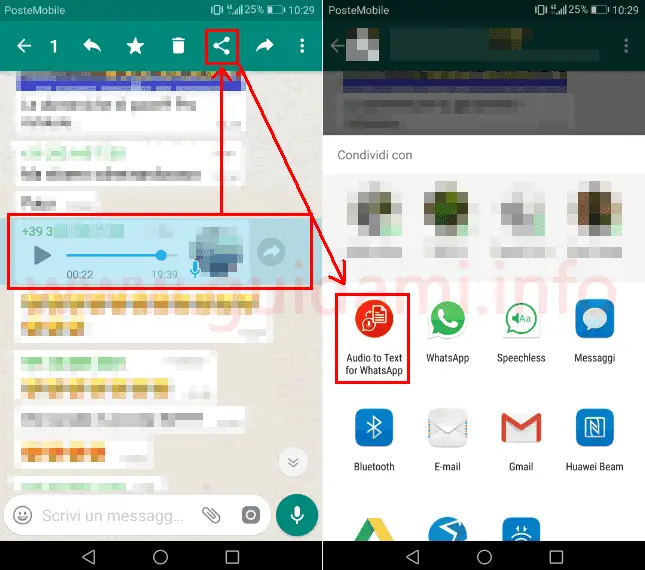 WhatsApp selezionare messaggio vocale e condividerlo con app Android Audio to Text per WhatsApp
