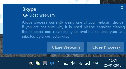 Who Stalks My Cam notifica webcam in uso