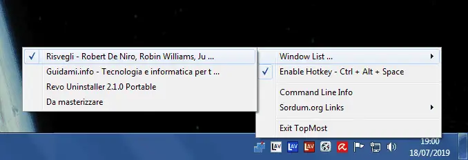 Window TopMost Control menu selezione programma da tenere sempre in primo piano
