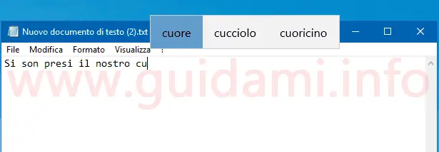 Windows 10 Blocco note con suggerimenti testo SwiftKey durante la digitazione