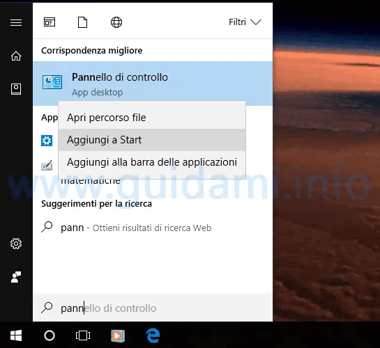 Windows 10 CU Menu Start collegamento Pannello di controllo
