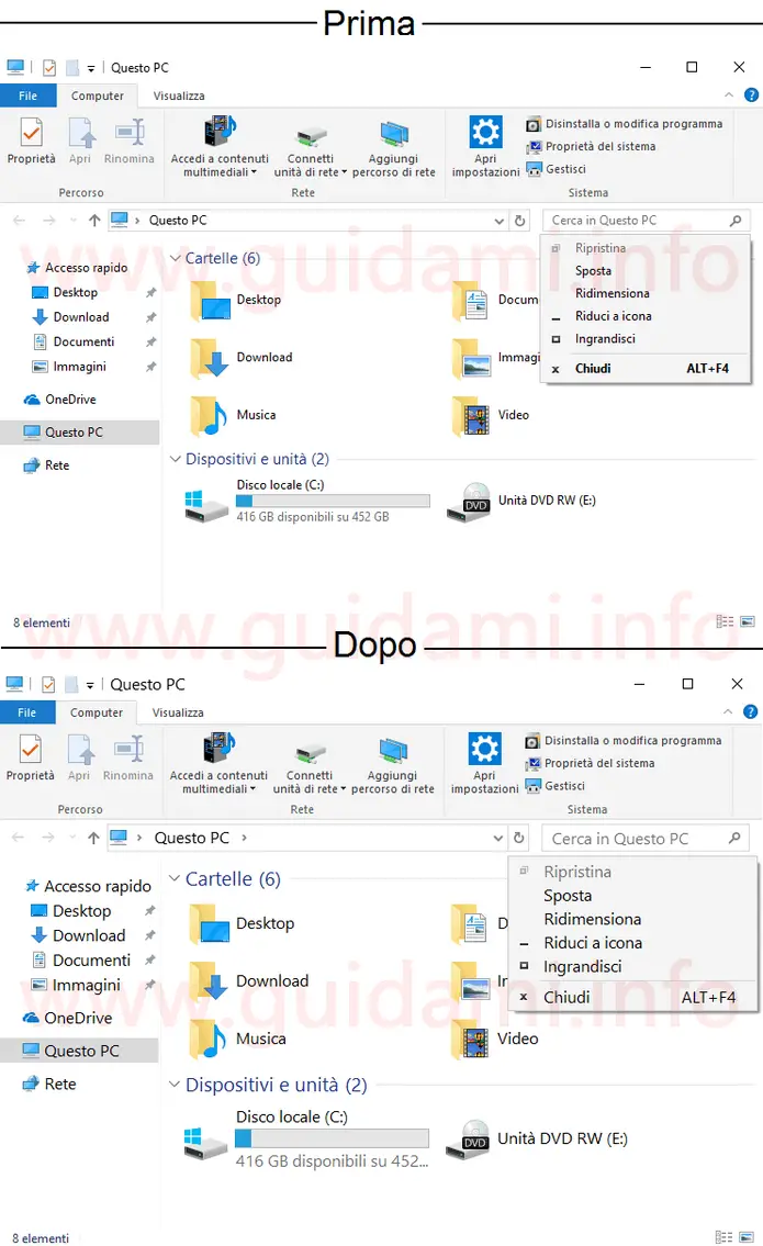 Windows 10 Creator Update prima e dopo testo ingrandito con Winaero Tweaker