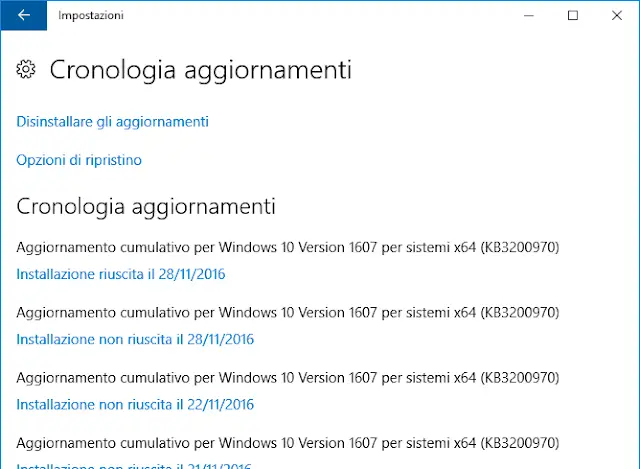 Windows 10 Cronologia aggiornamenti