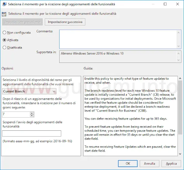 Windows 10 Editor Criteri di gruppo locali opzione per sospandere aggiornamenti funzionalità