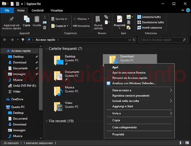 Windows 10 Esplora file in modalità Tema Scuro