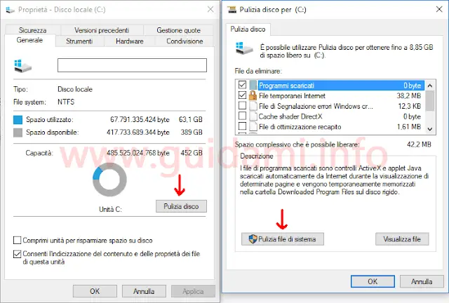 Windows 10 Finestra Proprietà disco locale C Pulizia file di sistema
