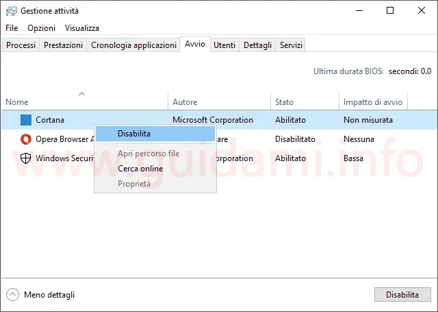 Windows 10 Gestione attività scheda Avvio