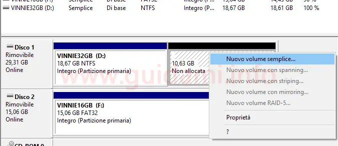 Windows 10 Gestione disco opzione Nuovo volume semplice