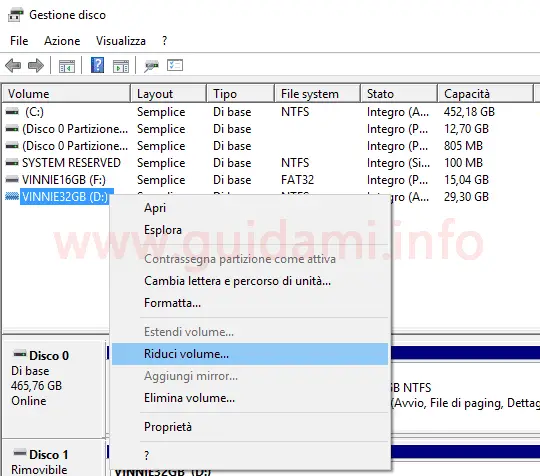 Windows 10 Gestione disco opzione Riduci volume unità di memoria