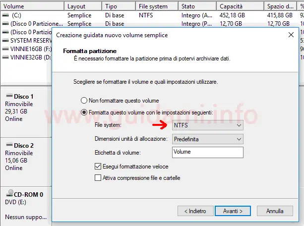 Windows 10 Gestione disco strumento Crezione guidata nuovo volume semplice