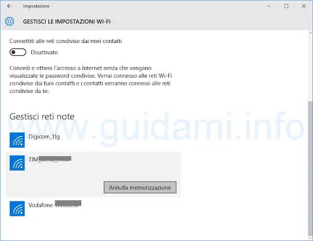 Windows 10 Gestisci reti WiFi note