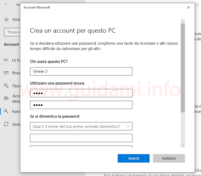 Windows 10 Impostazioni Account Crea un account per questo PC