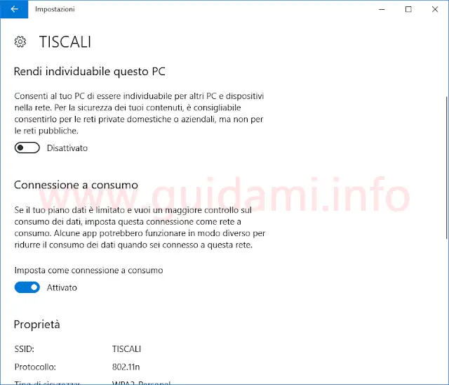 Windows 10 Impostazioni Connessione a consumo