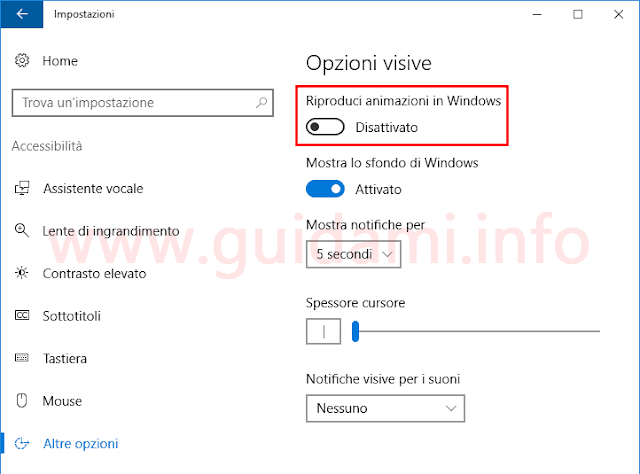 Windows 10 Impostazioni Disattiva animazioni in Windows