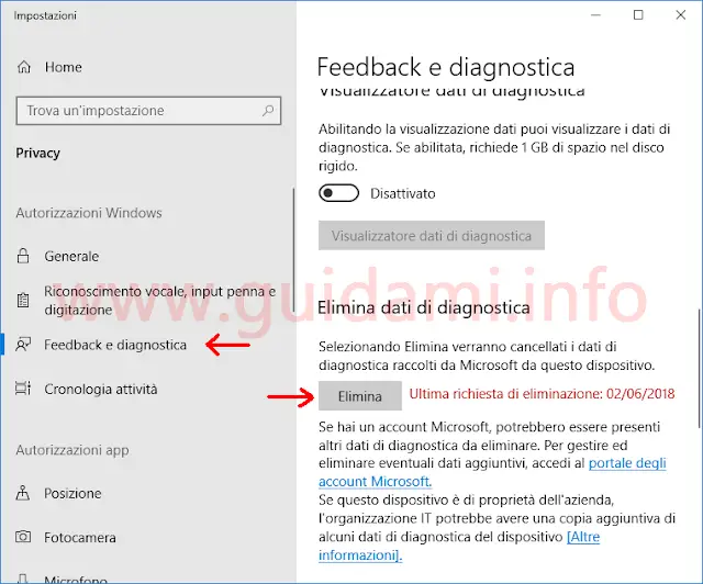 Windows 10 Impostazioni Elimina dati di diagnostica