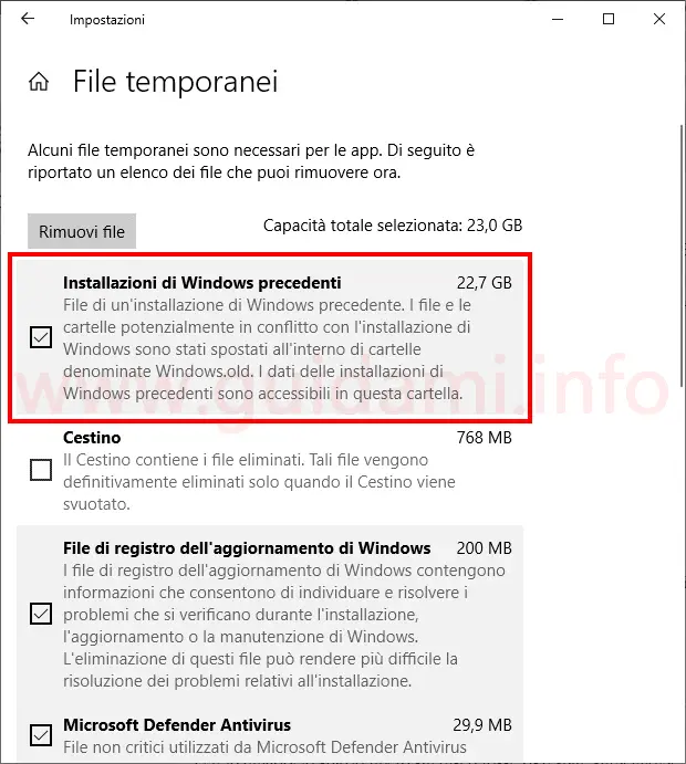 Windows 10 Impostazioni File temporanei installazioni di Windows precedenti
