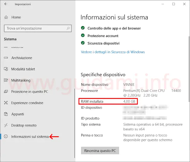 Windows 10 Impostazioni Informazioni sul sistema dettaglio quantità memoria RAM installata