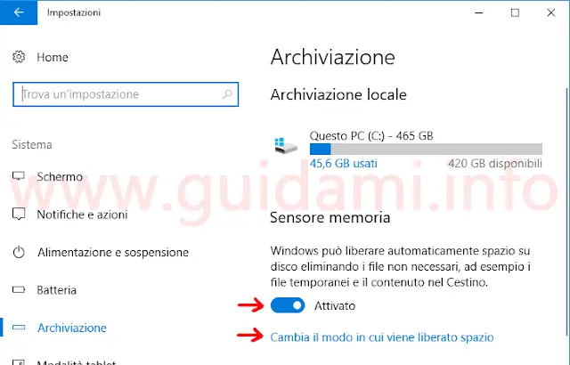 Windows 10 Impostazioni Sensore memoria