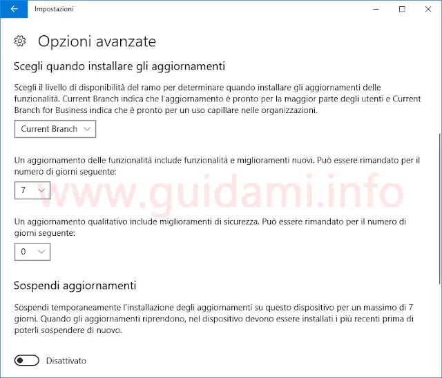 Windows 10 Impostazioni Sospendere aggiornamenti funzionalità
